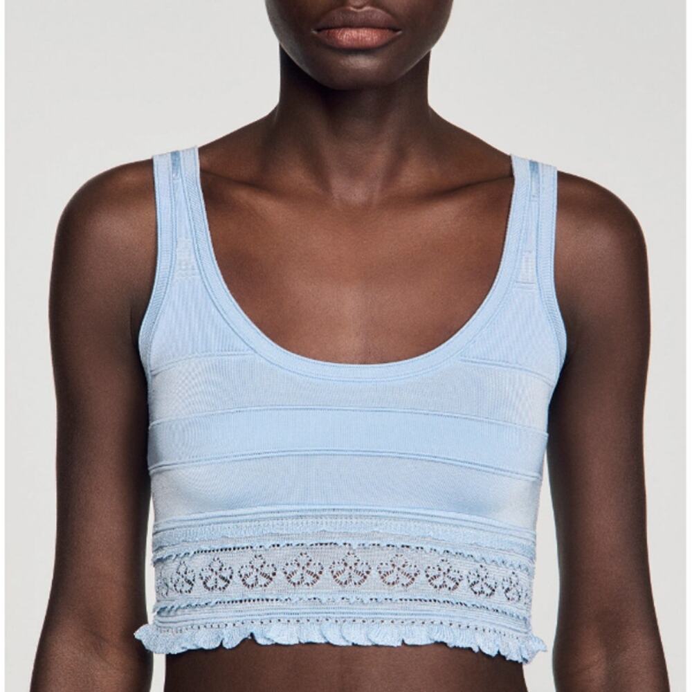 Sandro Women's Sky Blue Pointelle Knit Short Tank Top Size 1 | Small - Picture 1 of 10